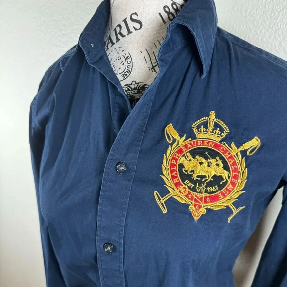 Ralph Lauren Sport Vtg Navy Embroidered Gold Crest Logo Button Up Blouse Size 4 - Picture 2 of 8